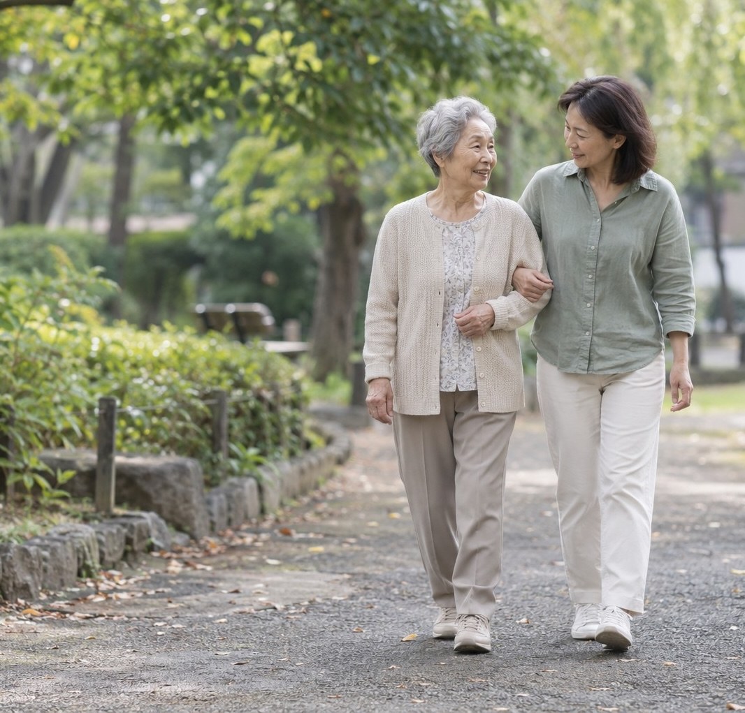 公園を腕を組んで歩く母と娘